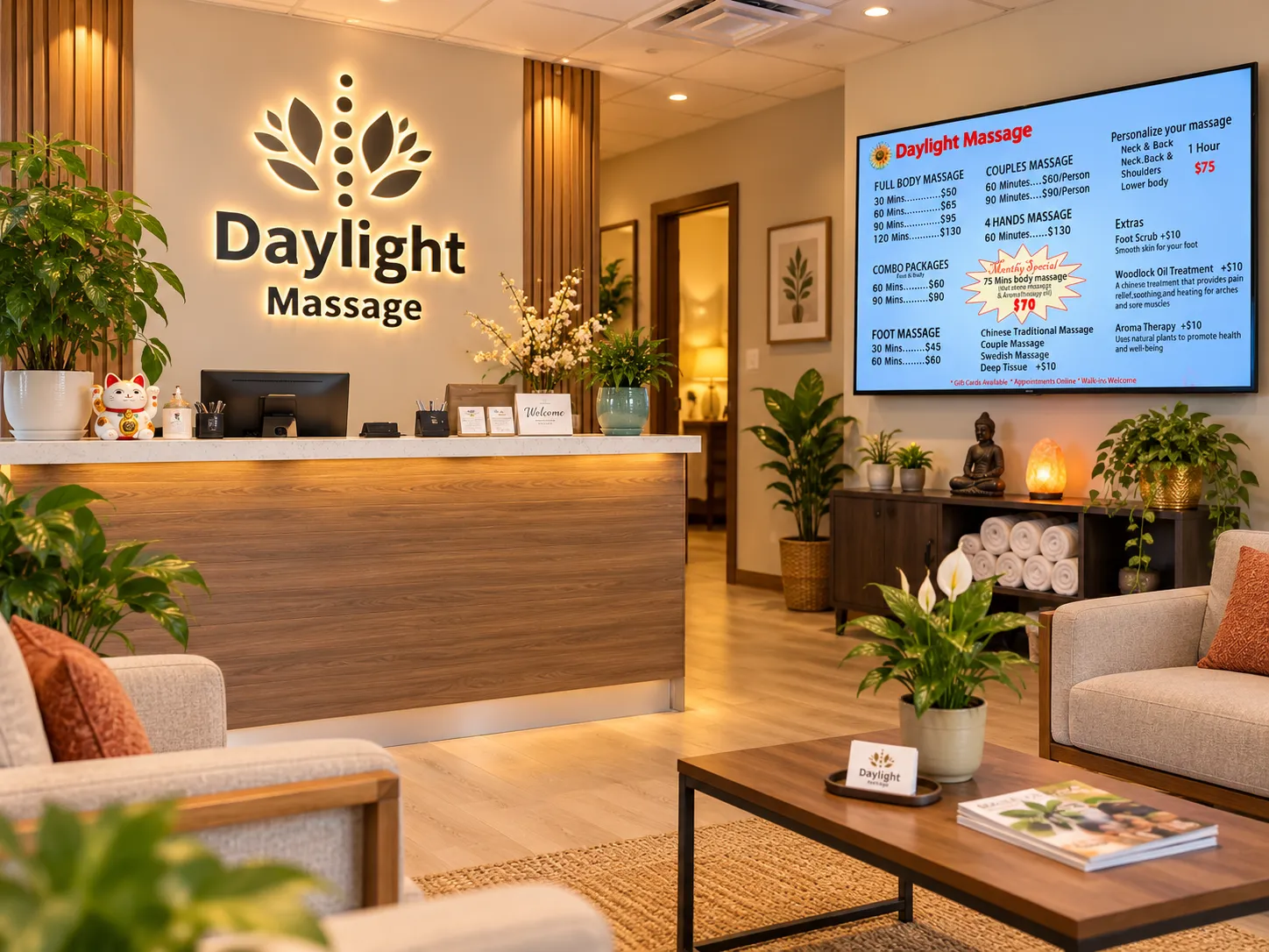 Massage with aromatherapy and relaxing spa setting